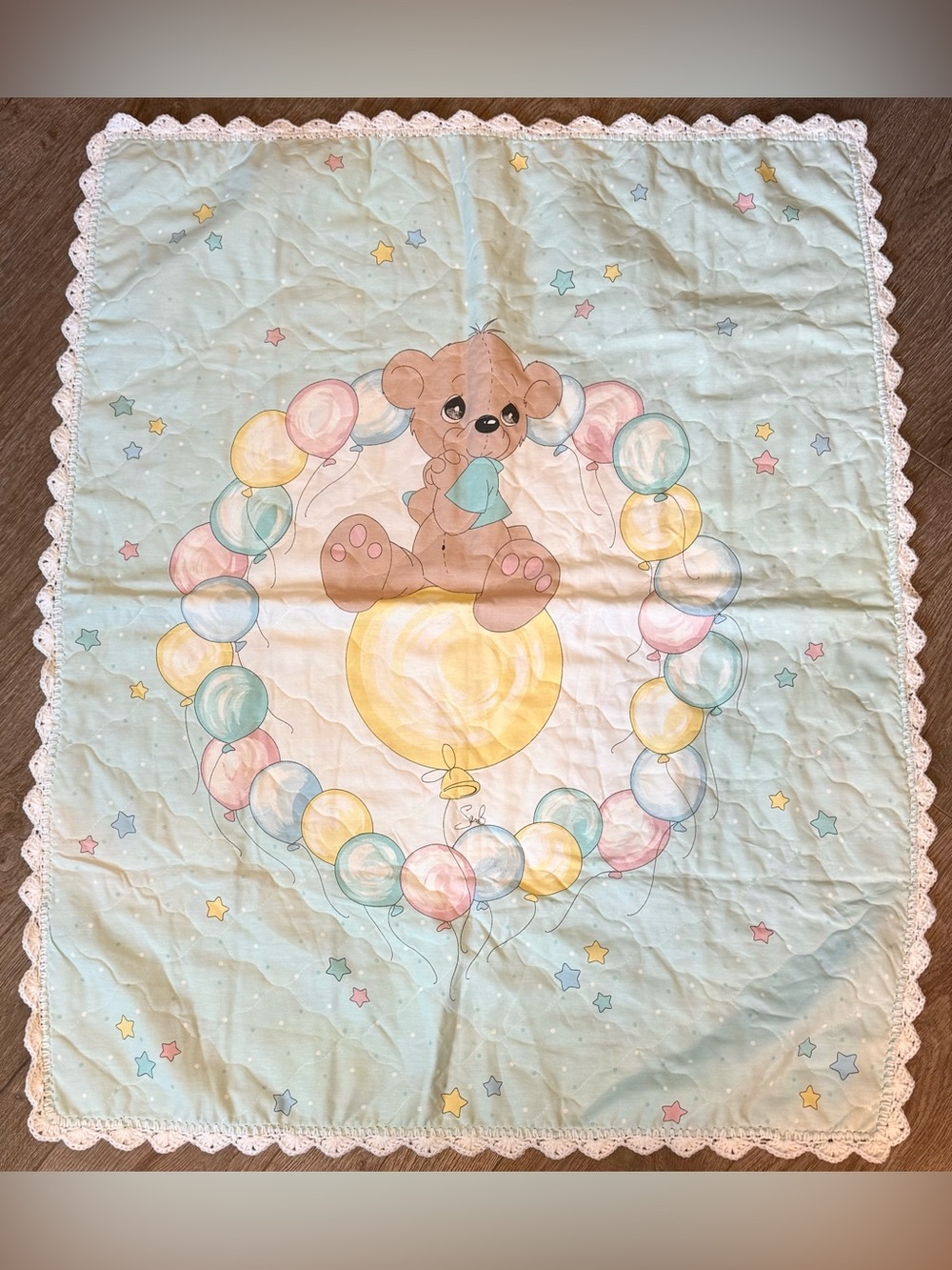 Handmade Teddy Bear Baby Quilt Blanket Crochet Trim 44x33